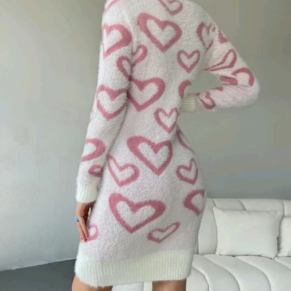 Heart Pattern Mock Neck Fluffy Soft Knit Sweater Dress - Picture 2 of 7